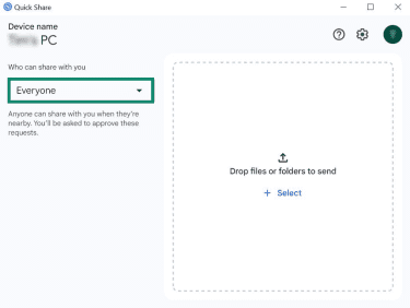 The Quick Share app on Windows 10. The 