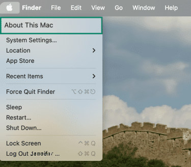 Apple-Menü opened showing the About This Mac option highlighted.