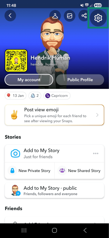 Snapchat app Stories interface on Android showing the gear icon (Settings) highlighted.