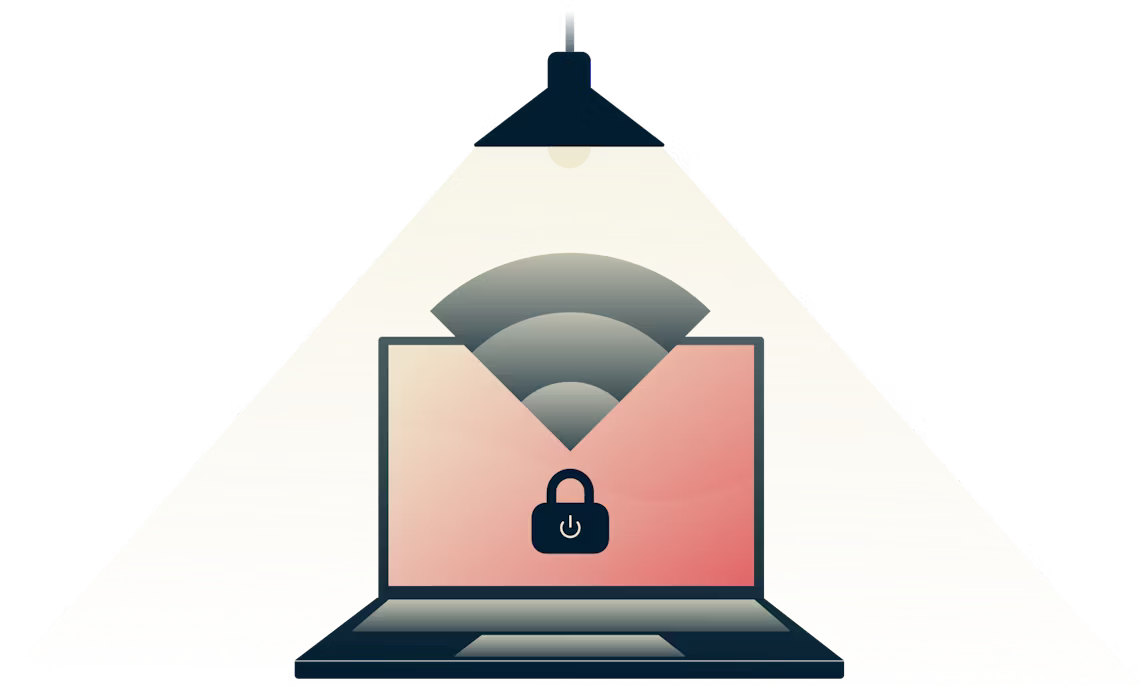 يوقف Network Lock كل حركة الإنترنت عند انقطاع اتصال VPN. مصباح يضيء كمبيوتر آمن.